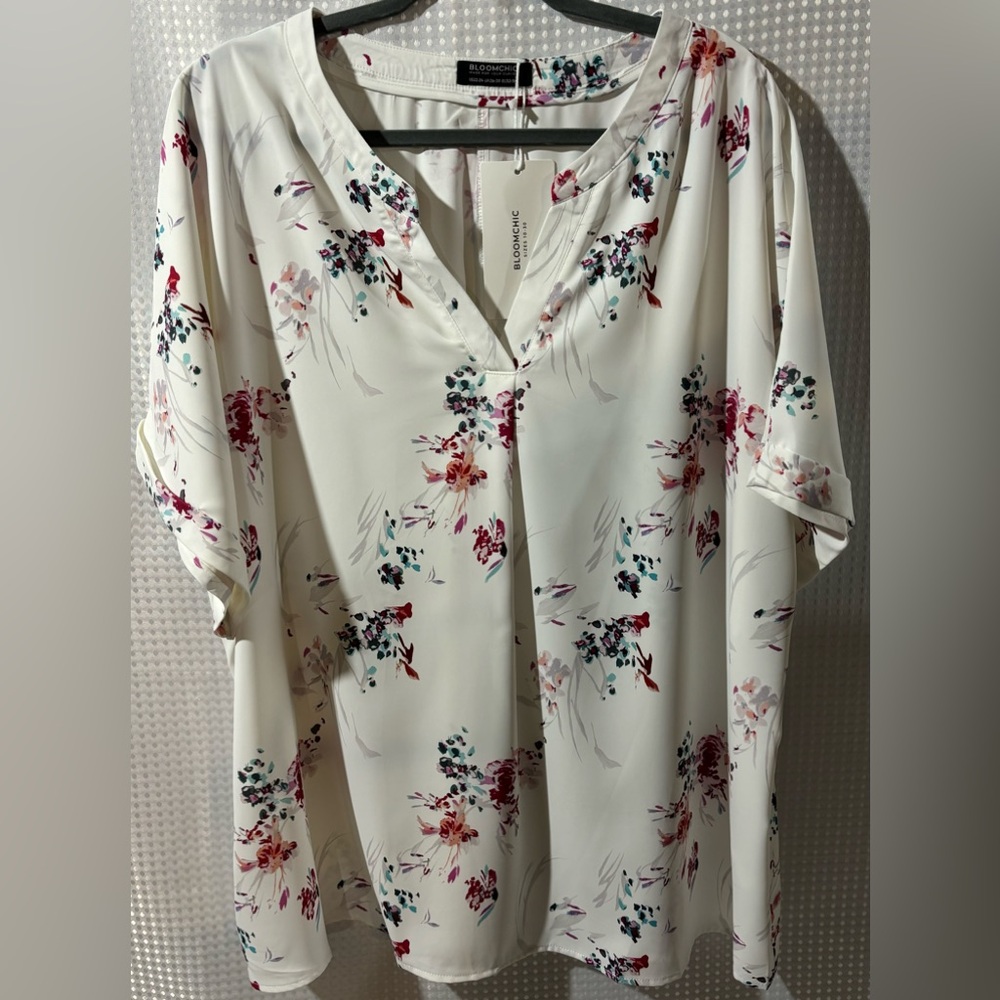 BloomChic White Floral V-Neck Blouse with Pink & Blue Accents - Picture 3 of 6